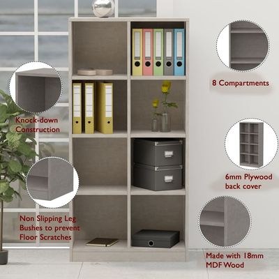 Mahmayi Wooden Display Shelves with 8 Storage Compartment, Freestanding, Top Shelf for Decoration Ideal for Storing Book, Files, Showpieces - Light Concrete - Image 4