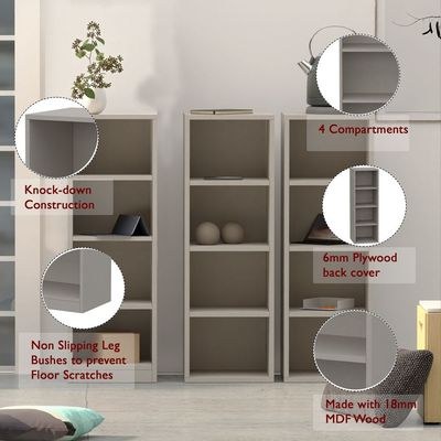 Mahmayi Wooden Storage Display Shelves 4-Tier Freestanding, Box Shelves, Top Shelf for Decoration Ideal for Storing and Displaying your possessions - Light Grey - Image 4