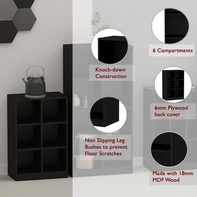 Mahmayi Wooden Display Shelves with 6 Storage Compartment, Freestanding, Top Shelf for Decoration Ideal for Storing Book, Files, Showpieces - Black - Image 4