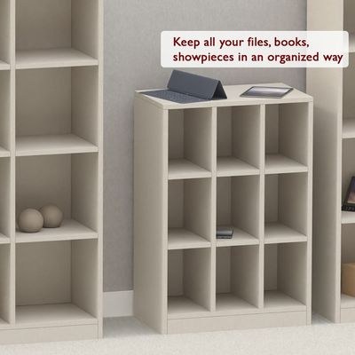 Mahmayi Wooden Display Shelves with 9 Storage Compartment, Freestanding, Top Shelf for Decoration Ideal for Storing Book, Files, Showpieces - Light Grey - Image 4