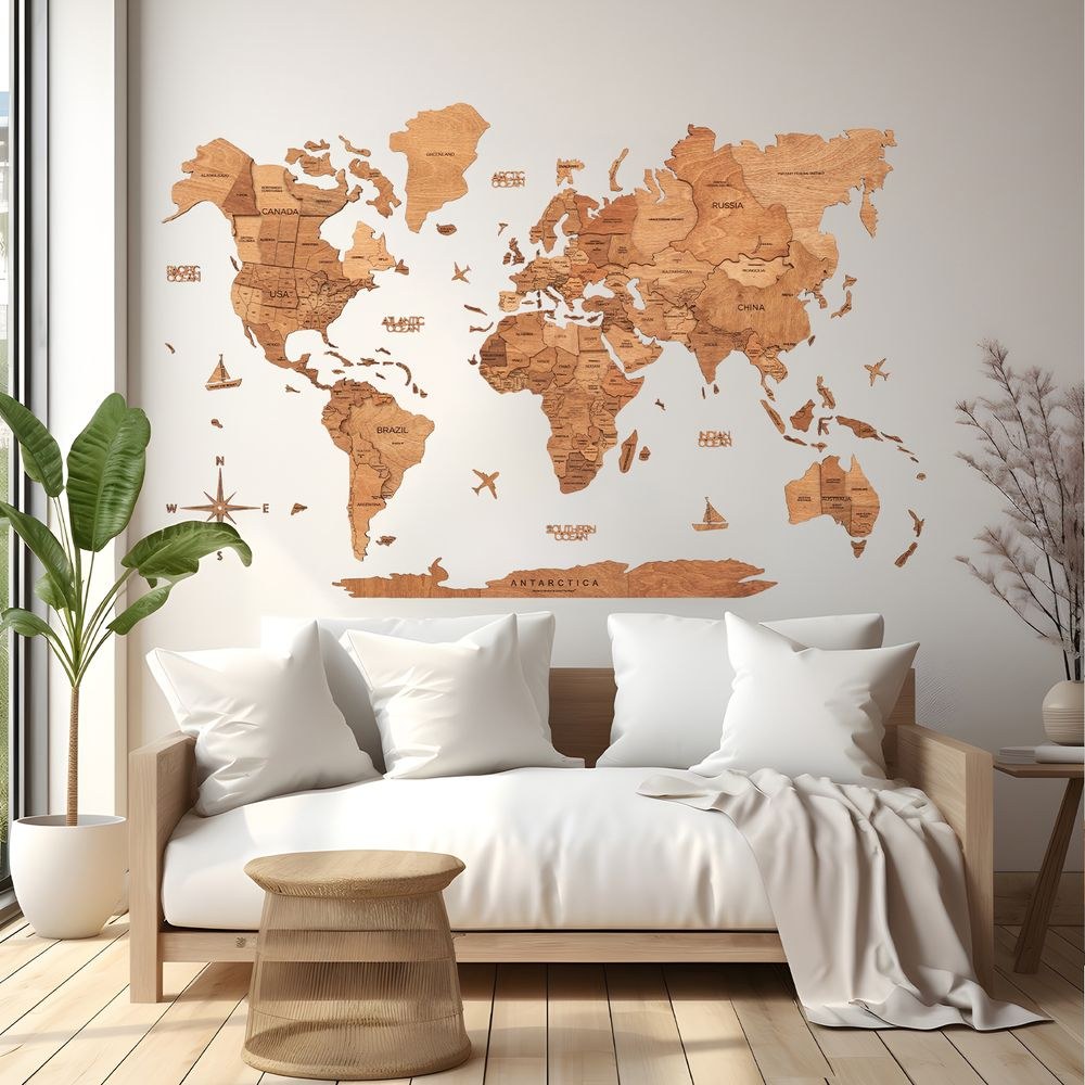 Enjoy The Wood 3D Wooden World Map Wall Decor, Natural Oak Finish Travel Wall Art for Home and Office, Premium Gift Idea with Minimalist Style and Elegant Wall Decor UAE – Oak XXL (300 x 175 cm)