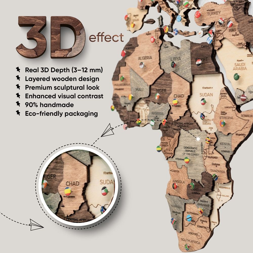 Enjoy The Wood 3D Wooden World Map Wall Decor, Smokey Tone Travel Wall Art for Home and Office, Premium Gift Idea with Modern Dark Finish and Stylish Wall Decor UAE – Smokey XL (200 x 120 cm) - Image 4
