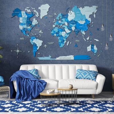 Enjoy The Wood 3D Wooden World Map Wall Decor, Azure Travel Wall Art for Executive Office, Meeting Room and Reception, Premium Home Office Wall Decor UAE – Azure M (100 x 60 cm)