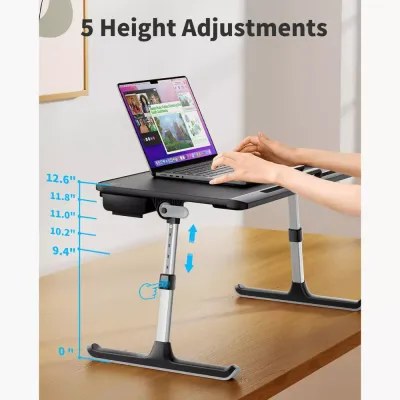 SAIJI Laptop Bed Tray Table, SAIJI Adjustable PVC Leather Laptop Bed Table, Portable Standing Desk with Storage Drawer, Foldable Lap Tablet Table for Sofa Couch Floor (Black,Large) - Image 3