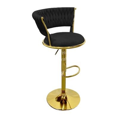 Maple Home Velvet Bar Stool Chair,Gold Metal Leg,Adjustable Height,Upholstered Back Seat,Black