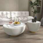 Coffee Table Modern White Round Coffee Table and End Table Set with Ceramic Top For Living Room Office Home Modern Furnitures Tea Table Center Table-White