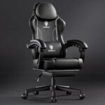 Dowinx Ergonomic Adjustable Gaming Chair with High Back Leather Ideal for Home and Office Use, Head Support, Backrest Tilt, Footrest, and Massage Lumbar Support for Ultimate Comfort -Black