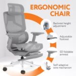 Executive Computer Office Chair-Advanced Ergonomics, High-Back, Breathable Mesh-Adjustable Lumbar Support, Footrest, Headrest, Seat Depth, Foldable Armrests-Aluminum Swivel Base (Grey)