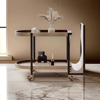 Alwan 2 Tier Leather Coffee Table / Bar Table On Wheels By Quesera L60 cm x W35 cm x H56 cm - Beige - Image 3