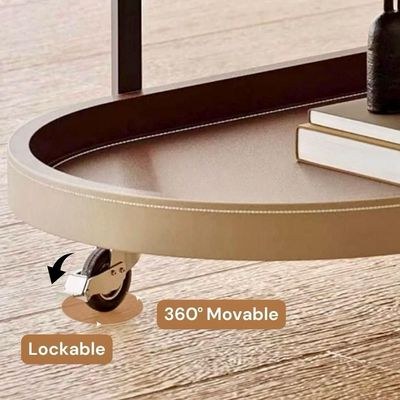 Alwan 2 Tier Leather Coffee Table / Bar Table On Wheels By Quesera L60 cm x W35 cm x H56 cm - Beige - Image 4