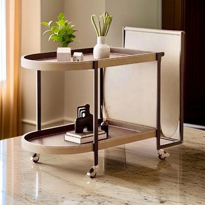 Alwan 2 Tier Leather Coffee Table / Bar Table On Wheels By Quesera L60 cm x W35 cm x H56 cm - Beige - Image 5