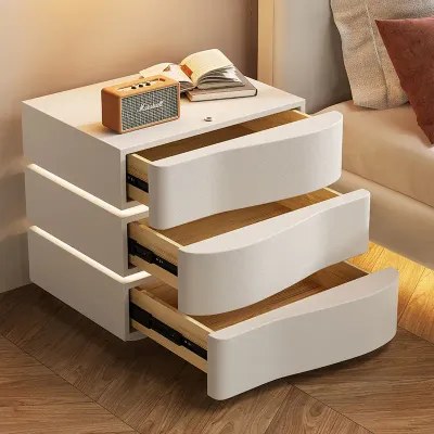 Nightstand Table, Bedside Table with Microfiber Leather Wrap Finish, LED Lights, Modern Wavy Shape End Table, Night Stand for Bedroom-White-3 Drawers - Image 3