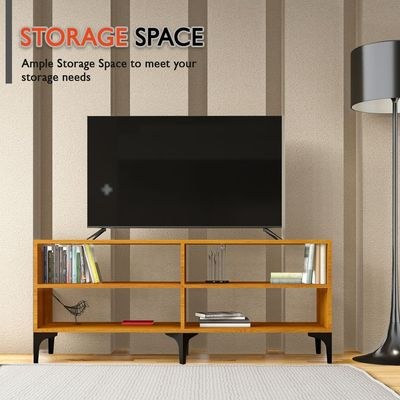 Mahmayi Modern TV Stand with 4 Open Shelves, Monitor and TV Stand for Home and Office, PC Desk Stand Monitor Riser for Keyboard Storage, Laptop, Printer - Light Walnut - Image 5