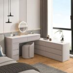 Dressing Table Organizer with Mirror Light, Dressing Table with Chair, Modern style Vanity Table for Women's Makeup Desk with Storage Drawers, Women's Bedroom Vanity Desk - Light Gray