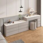 Dressing Table Organizer with Mirror Light, Dressing Table with Chair, Modern style Vanity Table for Women's Makeup Desk with Storage Drawers, Women's Bedroom Vanity Desk - Light Gray