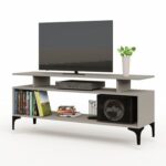 Mahmayi Modern Multipurpose Wooden Media Console with Storage Shelves Ideal for Living Room, Bedroom and Office - Light Grey