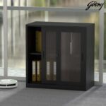 Godrej Low Height Glass Sliding Door Steel Bookshelf with Shelves, Durable Steel Frame, and Sleek Black Finish