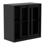 Godrej Low Height Glass Sliding Door Steel Bookshelf with Shelves, Durable Steel Frame, and Sleek Black Finish