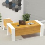 Mahmayi Moderno A01 L-Shaped Workstation Executive Desk with 2 Drawers, Heavy-Duty Legs, Ideal for Home and Office Modern Spacious Contrast Desktop - Light Walnut