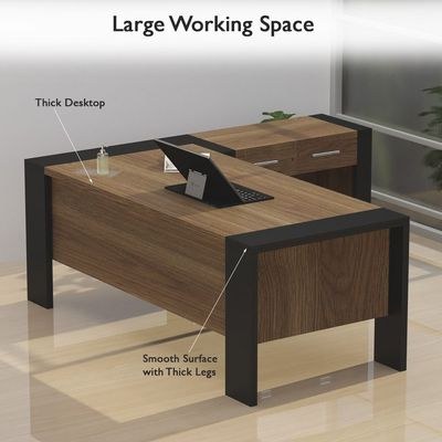 Mahmayi Moderno A01 L-Shaped Workstation Executive Desk with 2 Drawers, Heavy-Duty Legs, Ideal for Home and Office Modern Spacious Contrast Desktop - Black Zabrano - Image 5
