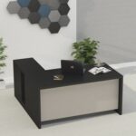 Mahmayi Modern Noce 1825 L-Shaped Executive Desk, Spacious and Stylish Office Workstation with Storage, Wooden Table with Durable Melamine Finish Ideal for Home and Office - Black and Grey