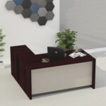 Mahmayi Modern Noce 1825 L-Shaped Executive Desk, Spacious and Stylish Office Workstation with Storage, Wooden Table with Durable Melamine Finish Ideal for Home and Office - Dark Walnut with Grey