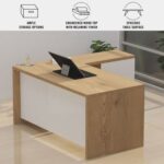 Mahmayi Modern Noce 1825 L-Shaped Executive Desk, Spacious and Stylish Office Workstation with Storage, Wooden Table with Durable Melamine Finish Ideal for Home and Office - Light Imperia with White