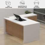 Mahmayi Modern Noce 1825 L-Shaped Executive Desk, Spacious and Stylish Office Workstation with Storage, Wooden Table with Durable Melamine Finish Ideal for Home and Office - White with Light Imperia