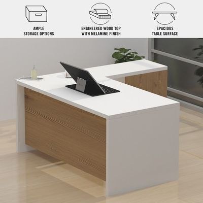 Mahmayi Modern Noce 1825 L-Shaped Executive Desk, Spacious and Stylish Office Workstation with Storage, Wooden Table with Durable Melamine Finish Ideal for Home and Office - White with Light Imperia - Image 3