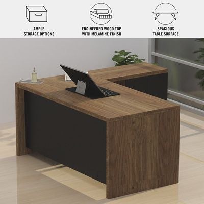 Mahmayi Modern Noce 1825 L-Shaped Executive Desk, Spacious and Stylish Office Workstation with Storage, Wooden Table with Durable Melamine Finish Ideal for Home and Office - Zabrano with Black - Image 3