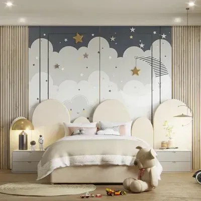 Circus Velvet Bed with Wall Panels W 140 x L 200-Velvet White with 1-Year Warranty