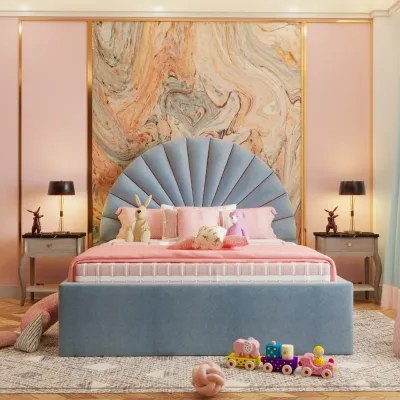 Elena Kids Bed W 150 x L 190-Velvet Blue with 1-Year Warranty