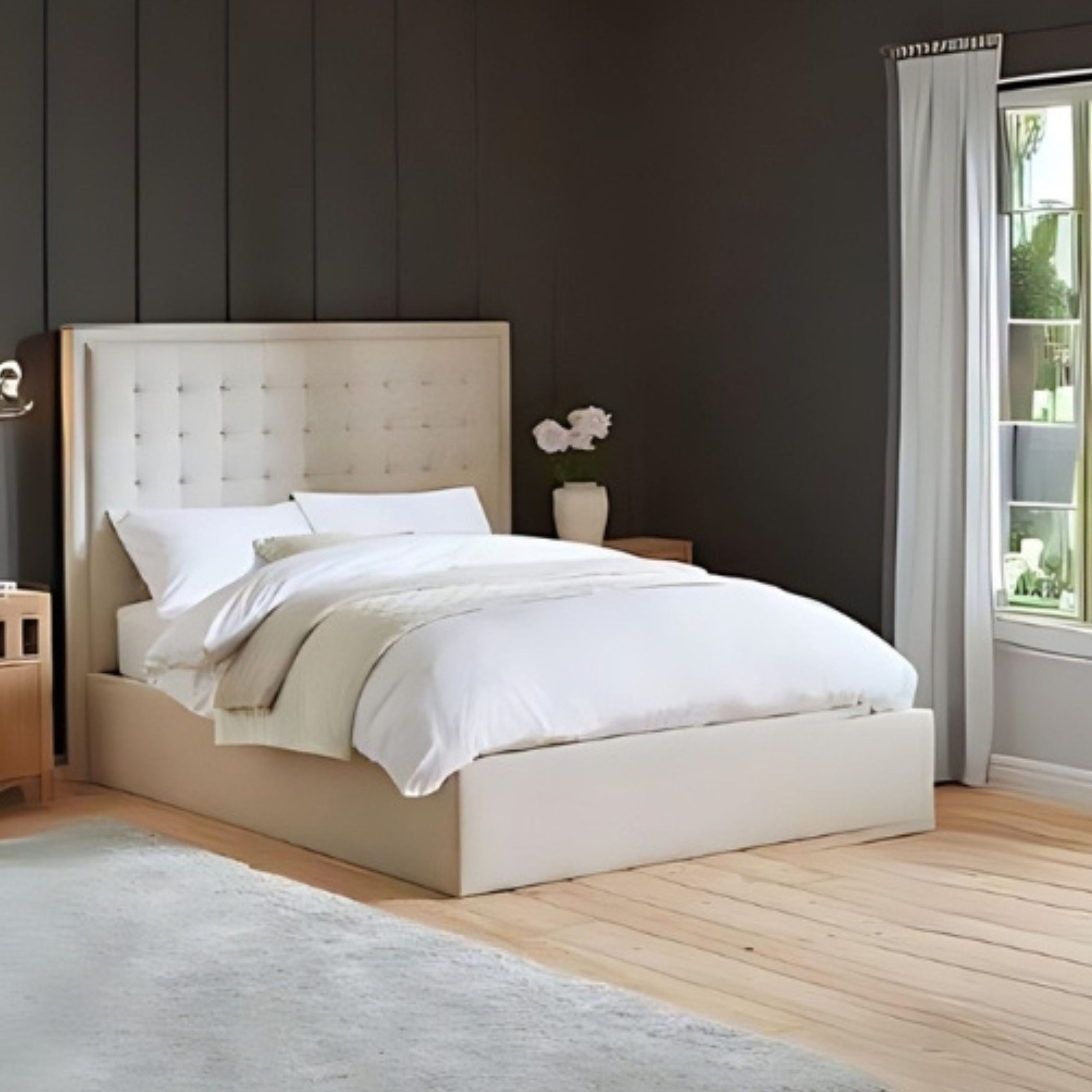 Cozy Charm Tufted Upholstered King Size Bed (180 X 190 CM) Beige Color
