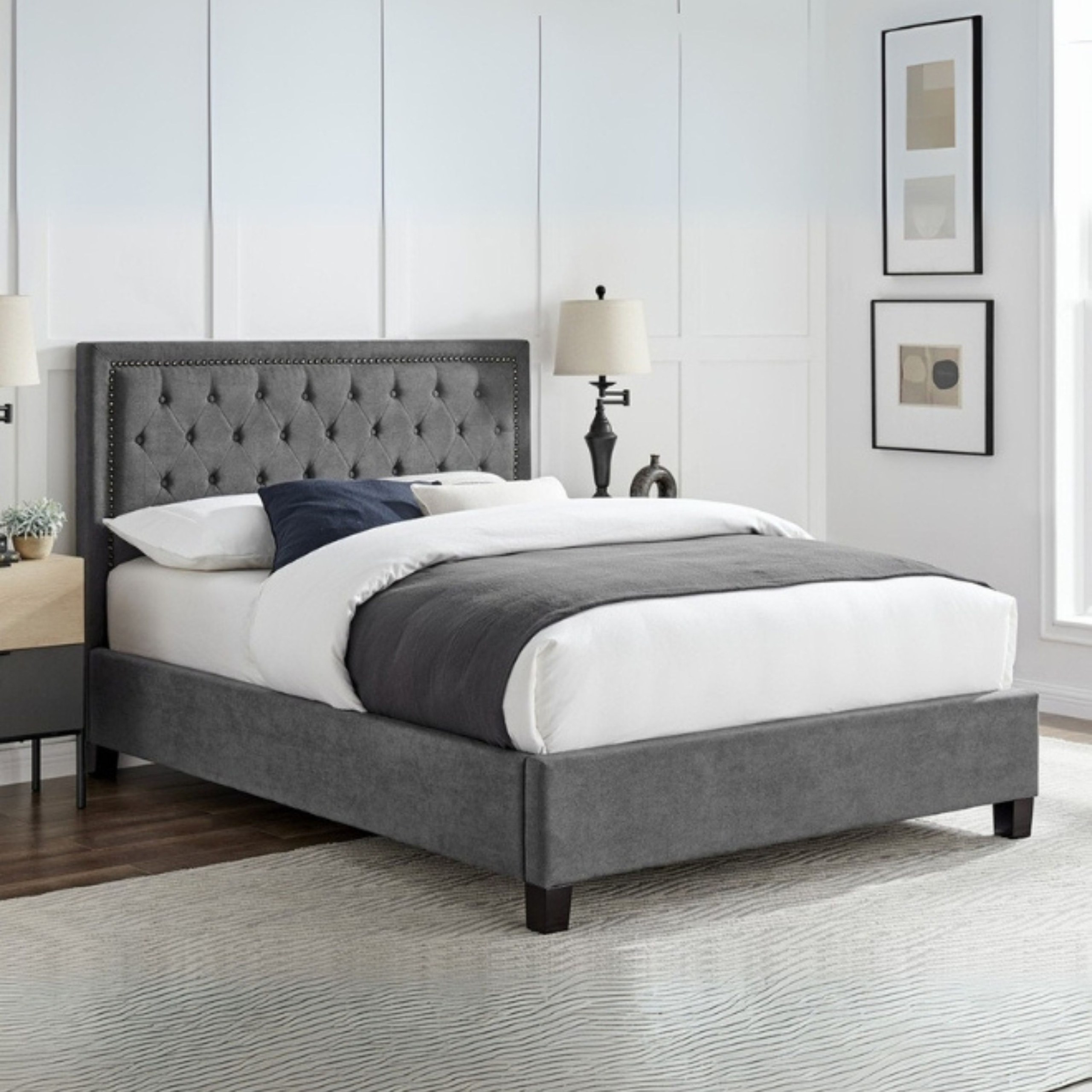 Dreamy Retreat Tufted Upholstered King Size Bed (180 X 190 CM) Grey Color