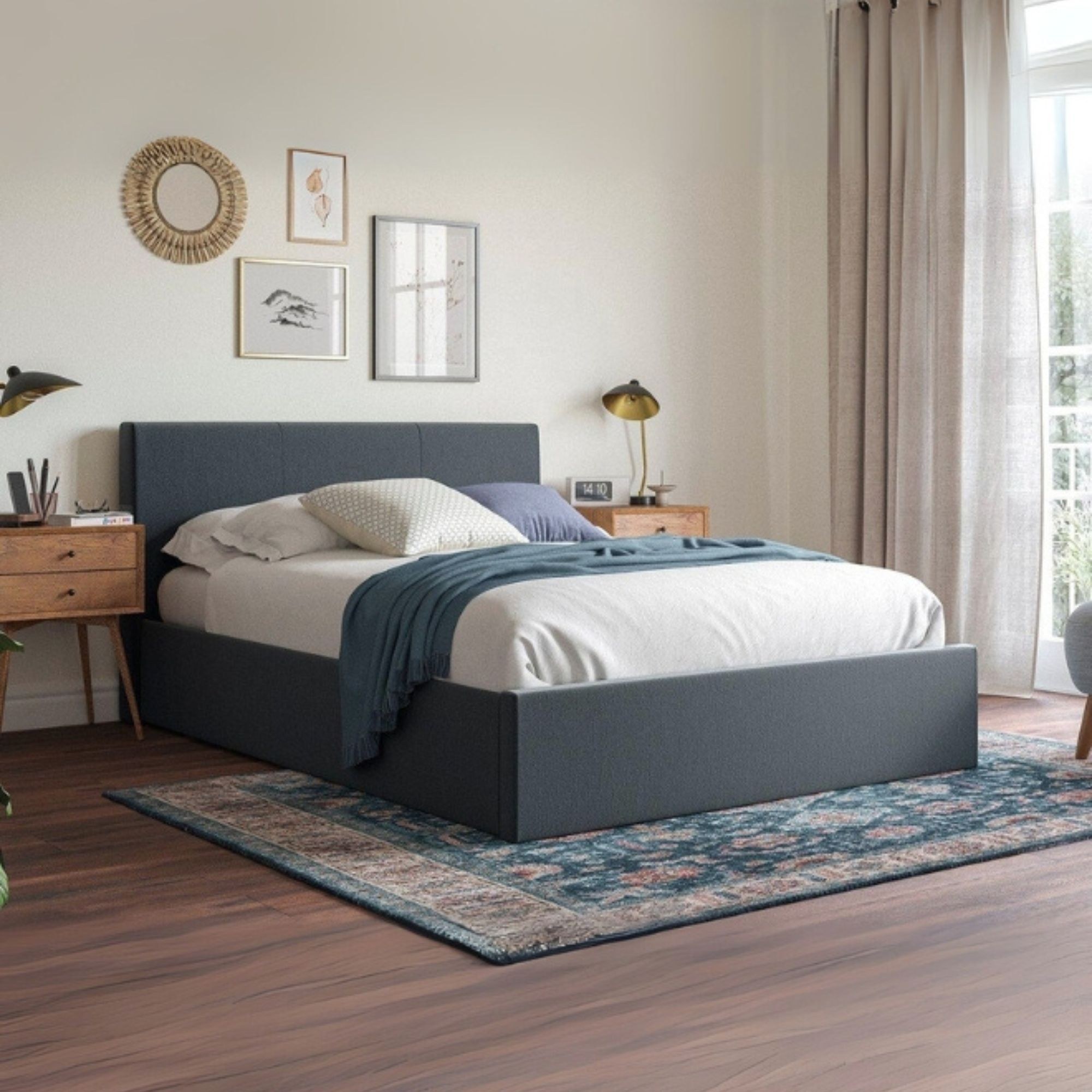 Ember Ease Upholstered Super King Size Bed (200 X 200 CM) Dark Blue Color