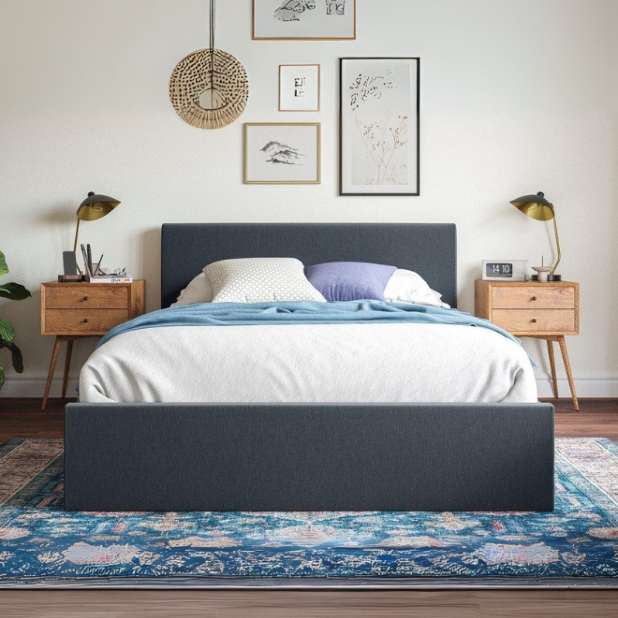 Ember Ease Upholstered Super King Size Bed (200 X 200 CM) Dark Blue Color - Image 2