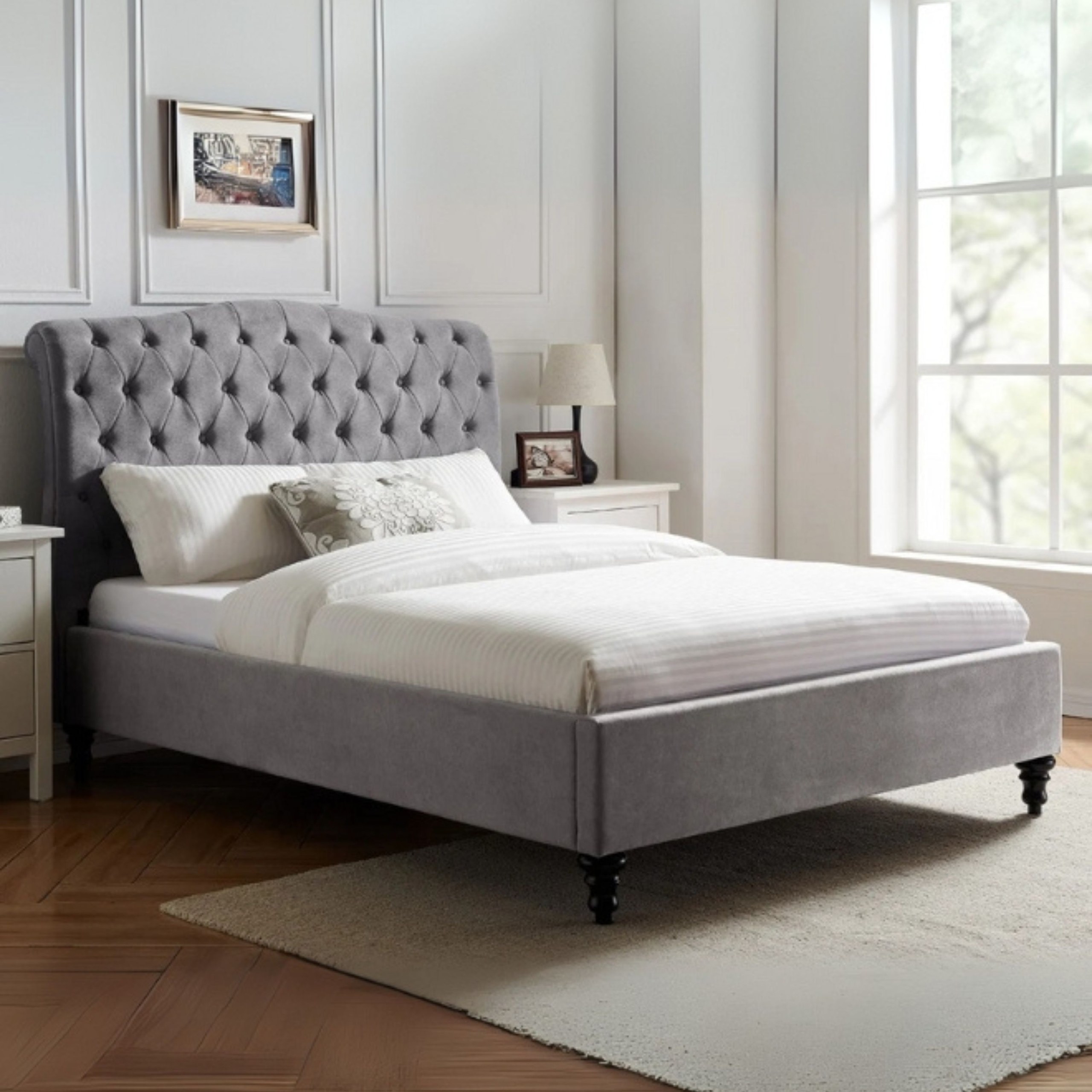 Harbor Haven Tufted Upholstered Super King Size Bed (200 X 200 CM) Grey Color