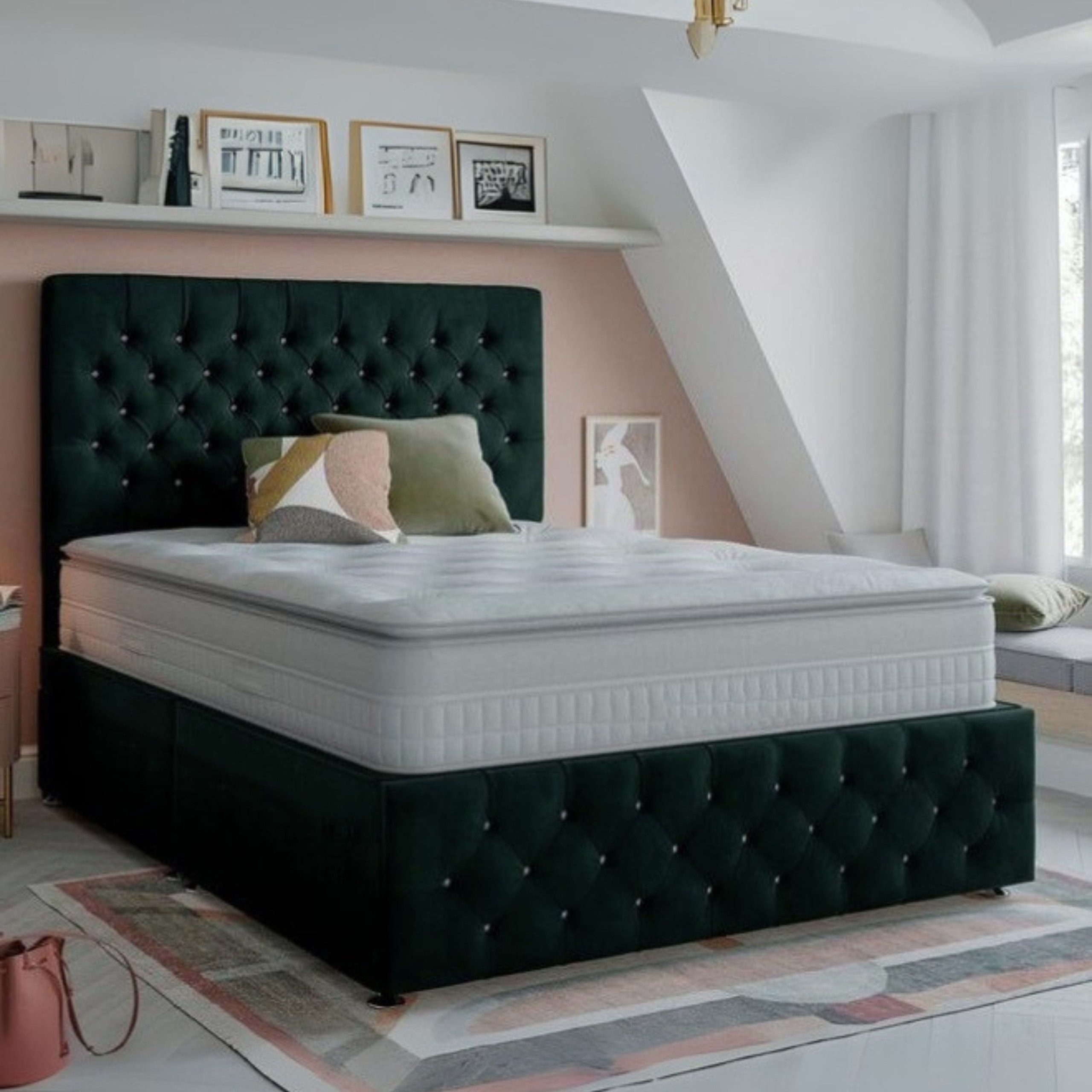 Moscow Luxury Tufted Upholstered King Size Bed (180 X 190 CM) Dark Green Color