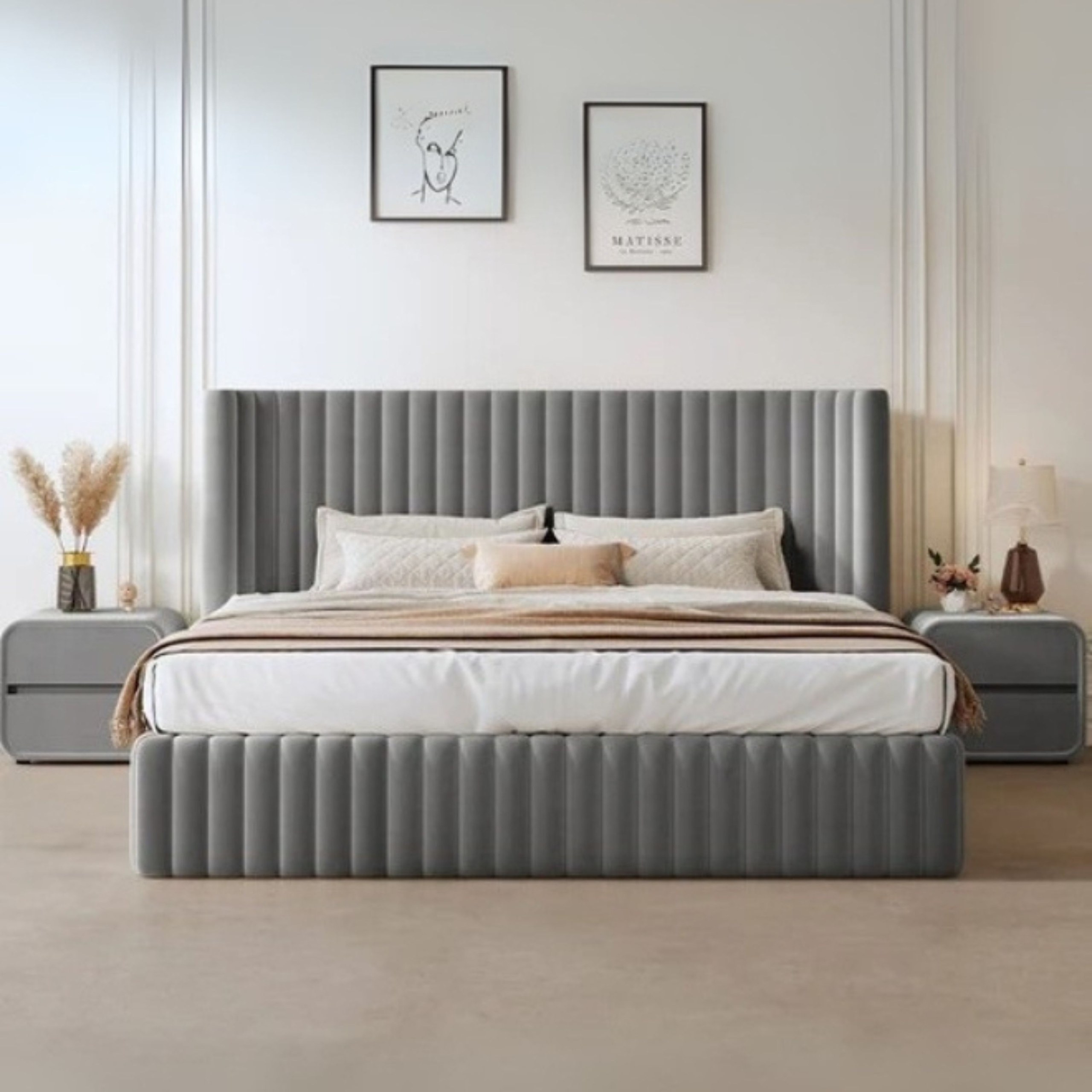 Nestle Nook Upholstered King Size Bed (180 X 200 CM) Grey Color