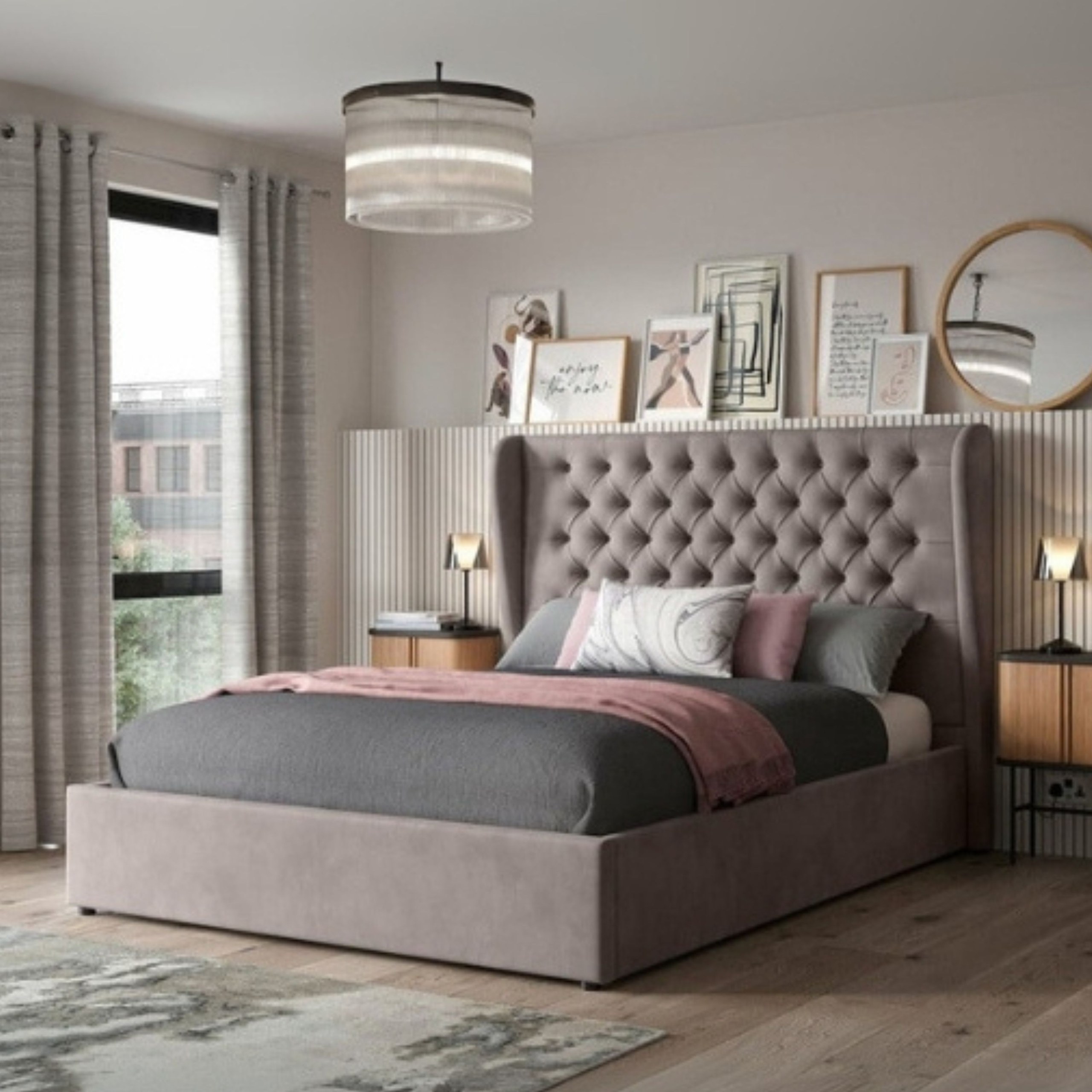 Radiant Dreams Tufted Upholstered King Size Bed (180 X 200 CM) Dark Pink Color