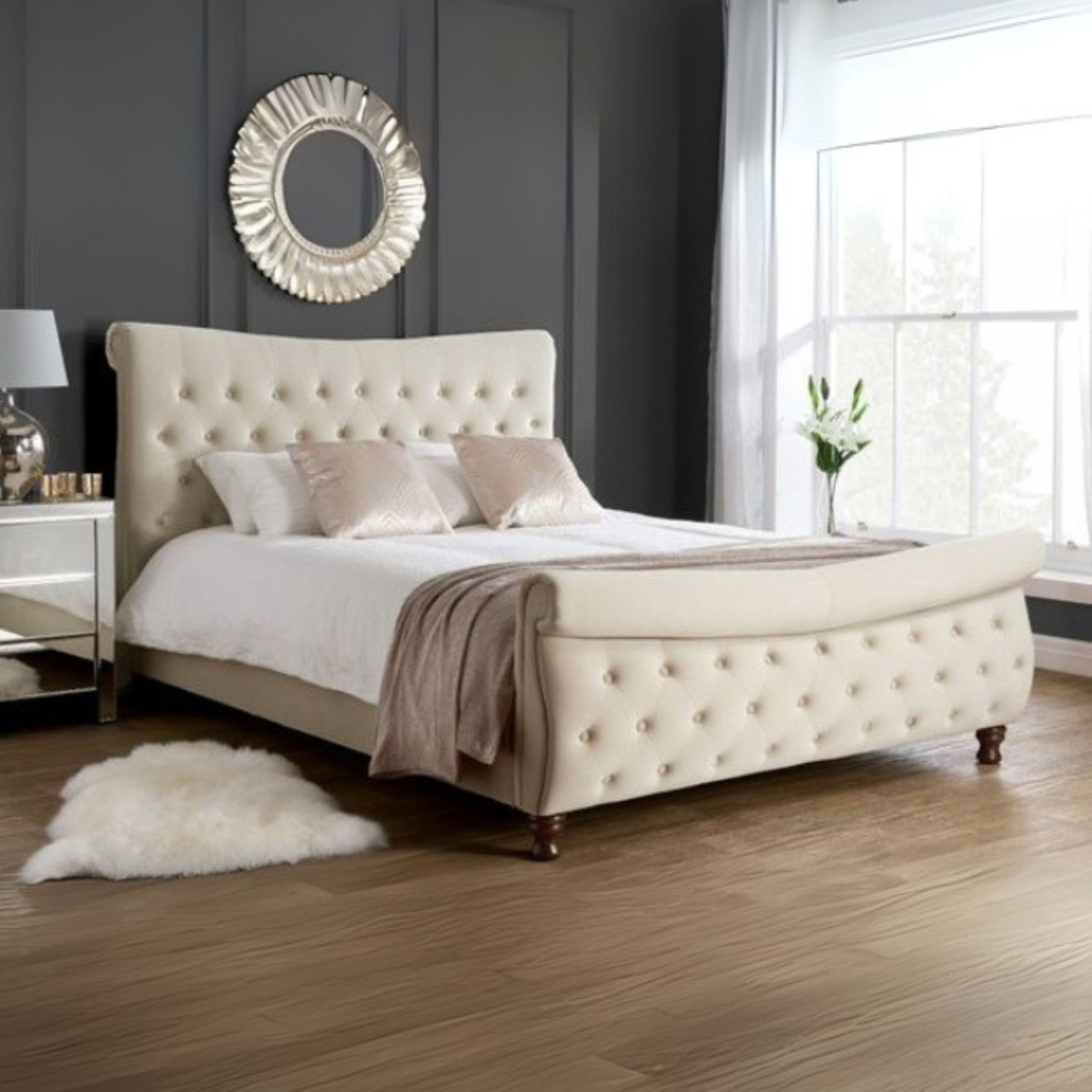 Serene Shade Tufted Upholstered Queen Size Bed (150 X 200 CM) Beige Color