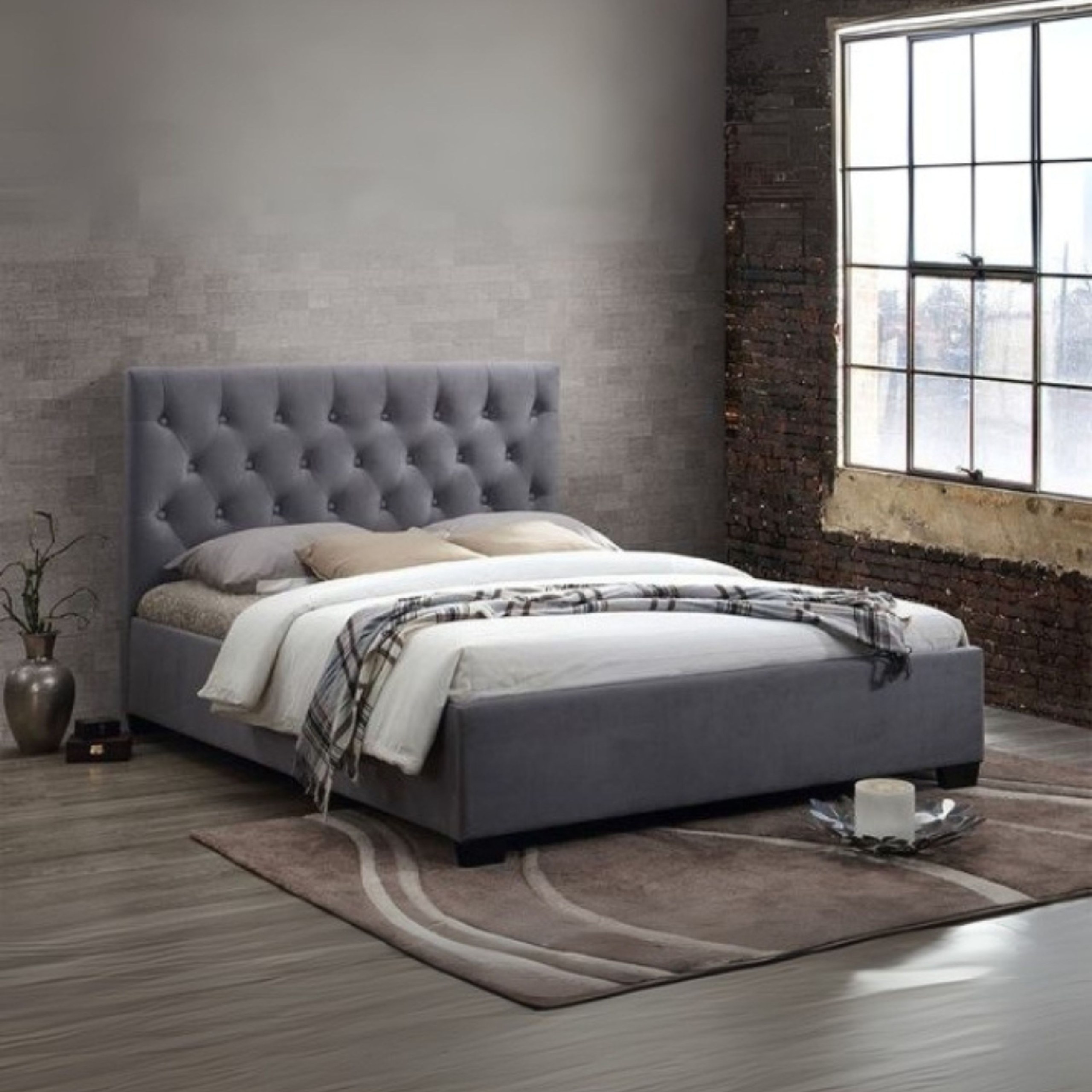 Spectrum Tufted Upholstered Large Twin Size Bed (140 X 190 CM) Grey Color