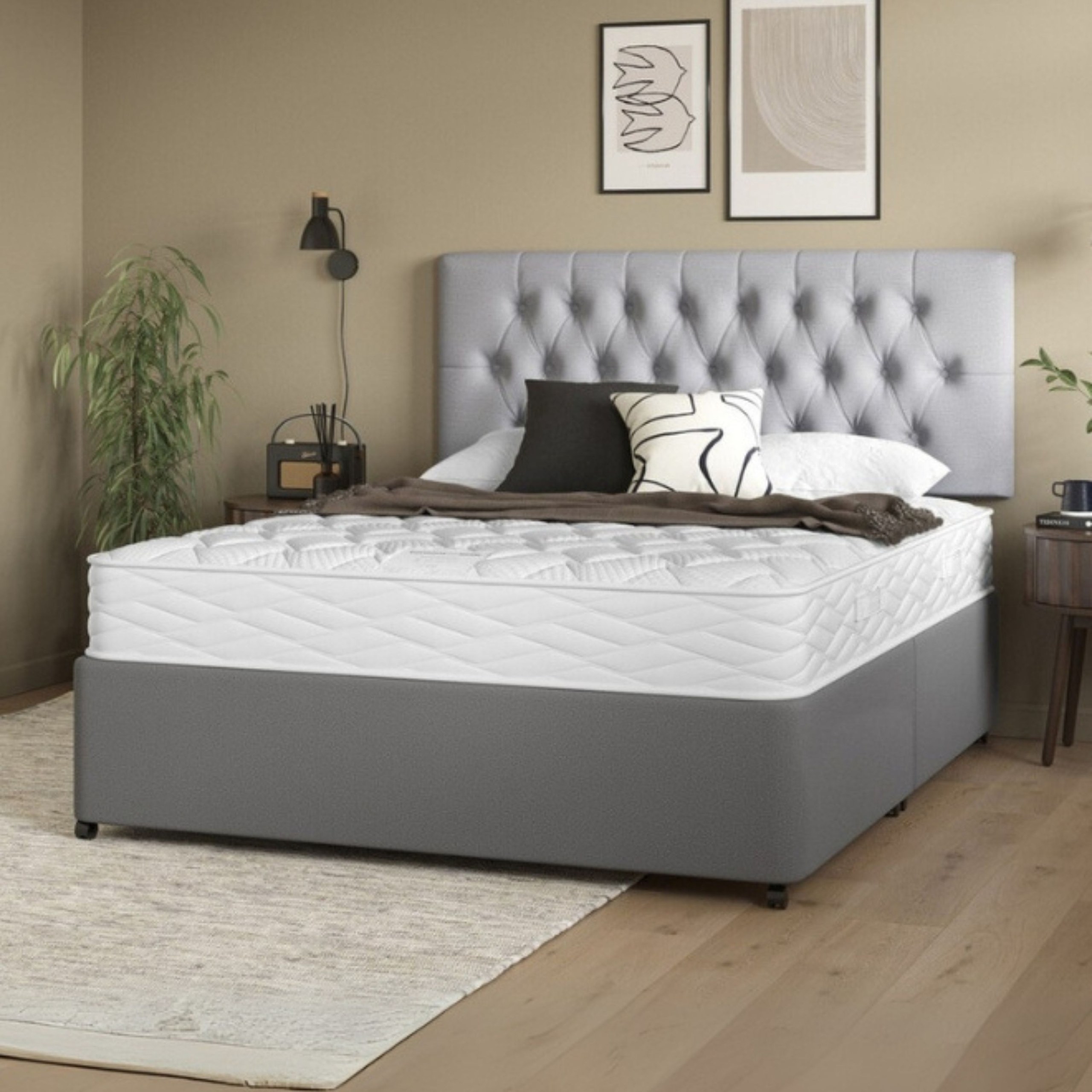 Symphony Tufted Upholstered Super King Size Bed (200 X 200 CM) Grey Color