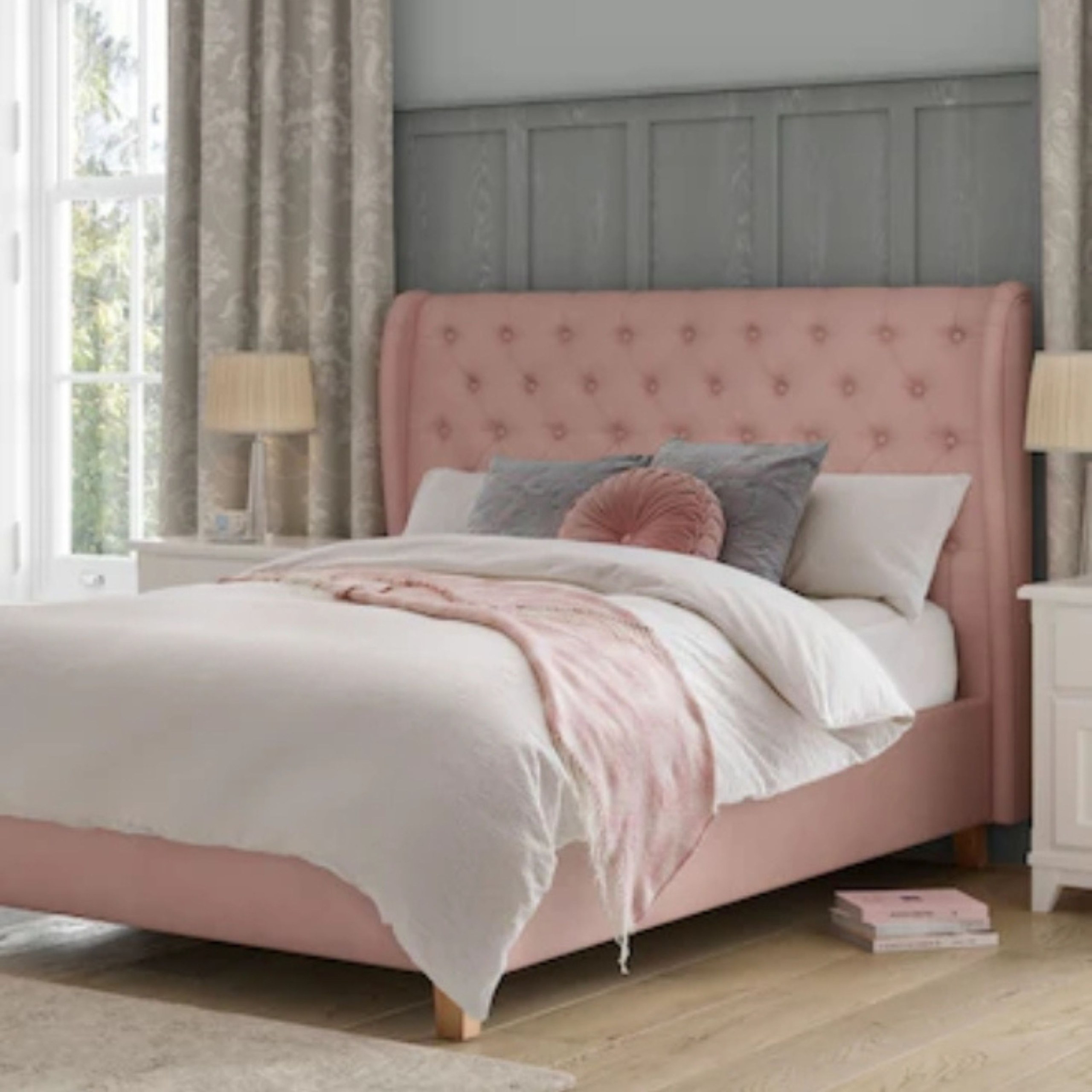 Tranquil Nights Tufted Upholstered Super King Size Bed (200 X 200 CM) Pink Color