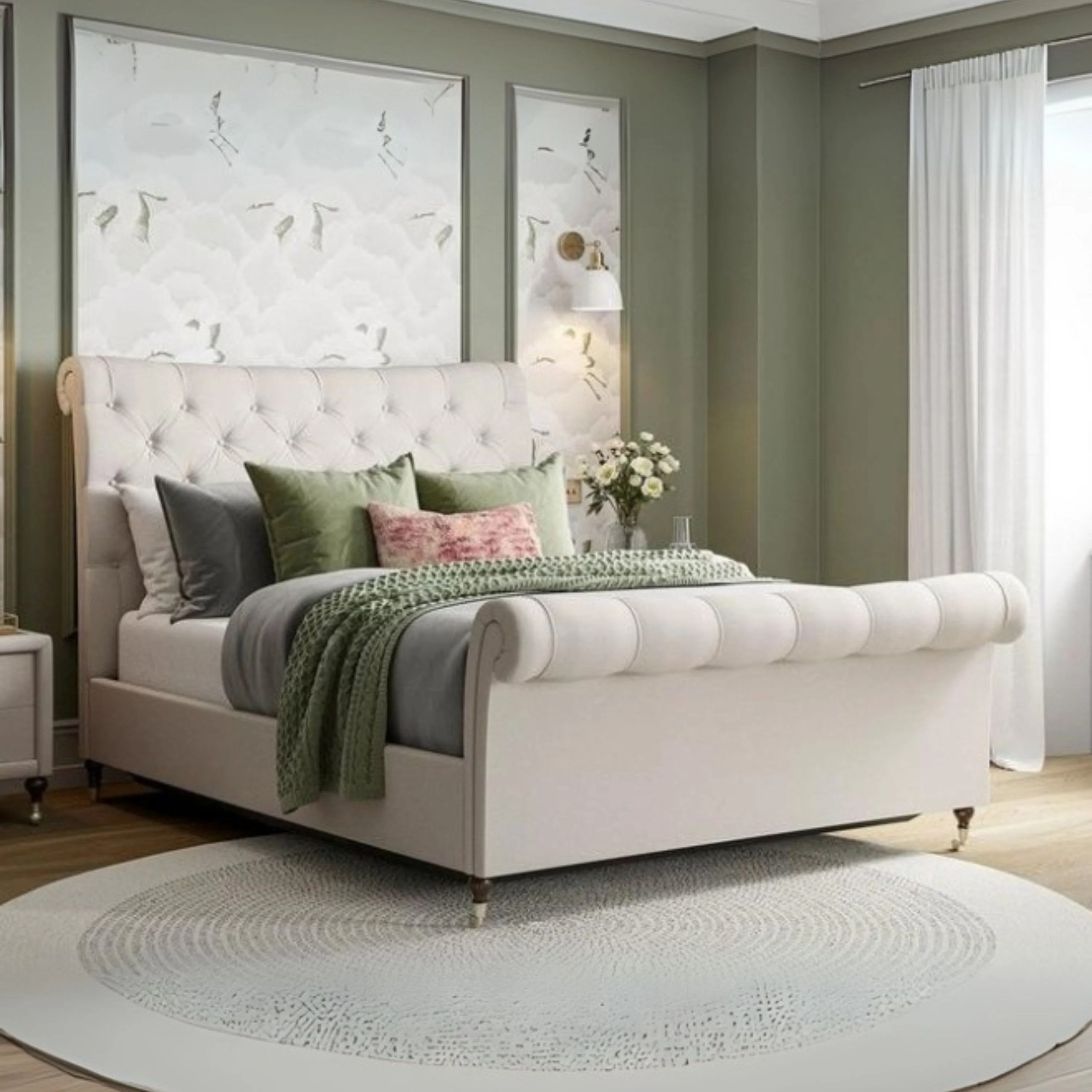 Tranquil Twist Tufted Upholstered Queen Size Bed (150 X 200 CM) Off White Color