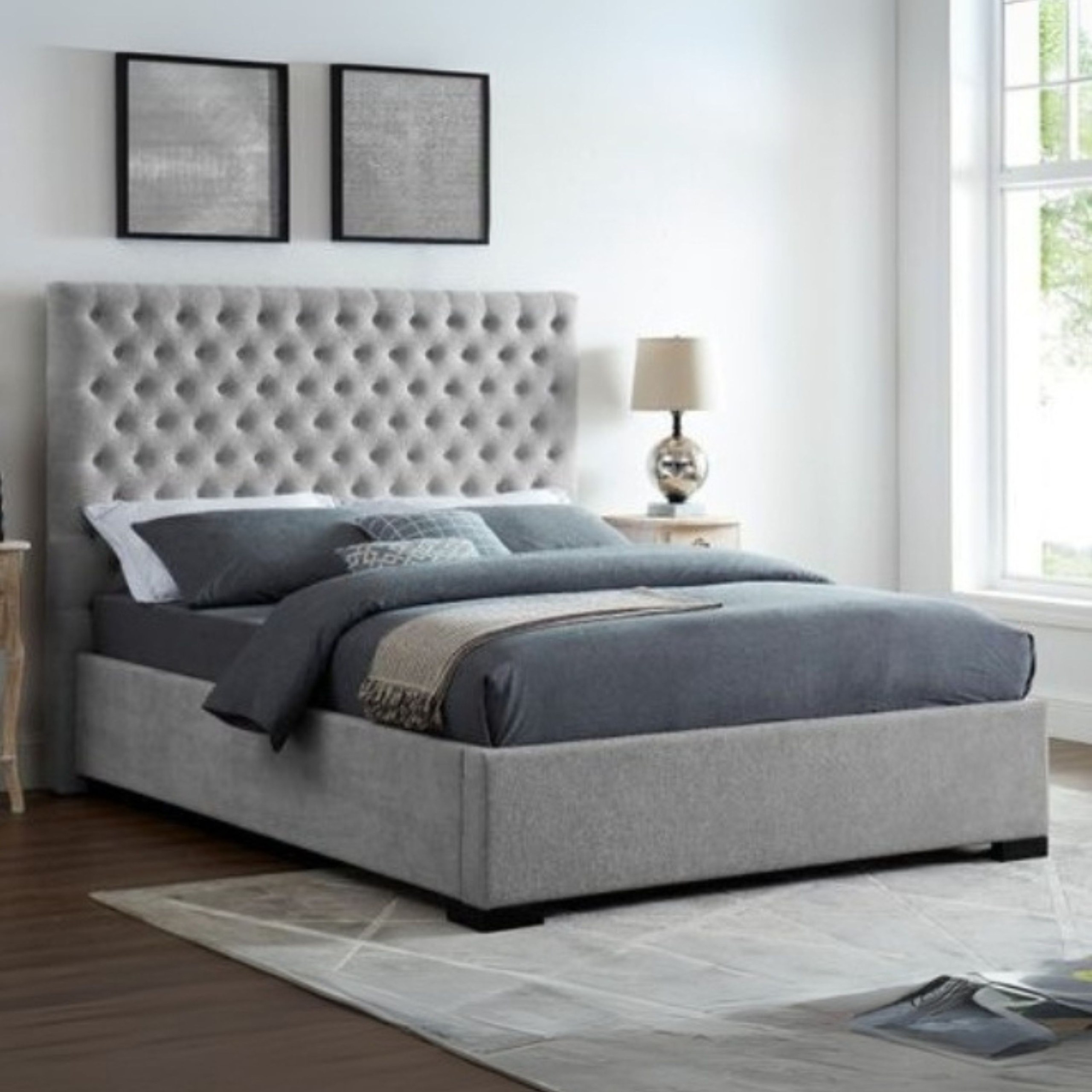Velvet Light Tufted Upholstered Single Size Bed (90 X 190 CM) Grey Color