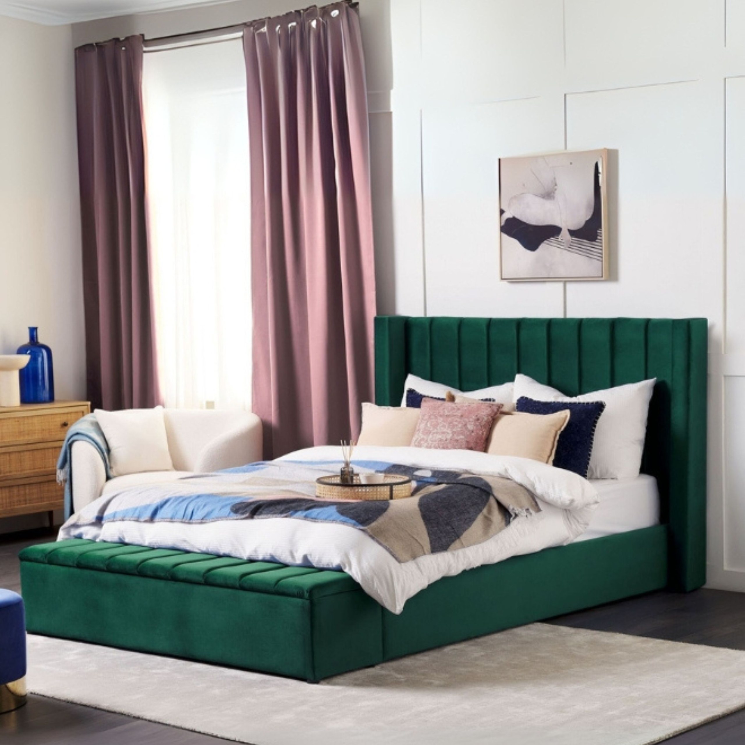 Velvet Voyage Upholstered Large Twin Size Bed (140 X 190 CM) Dark Green Color