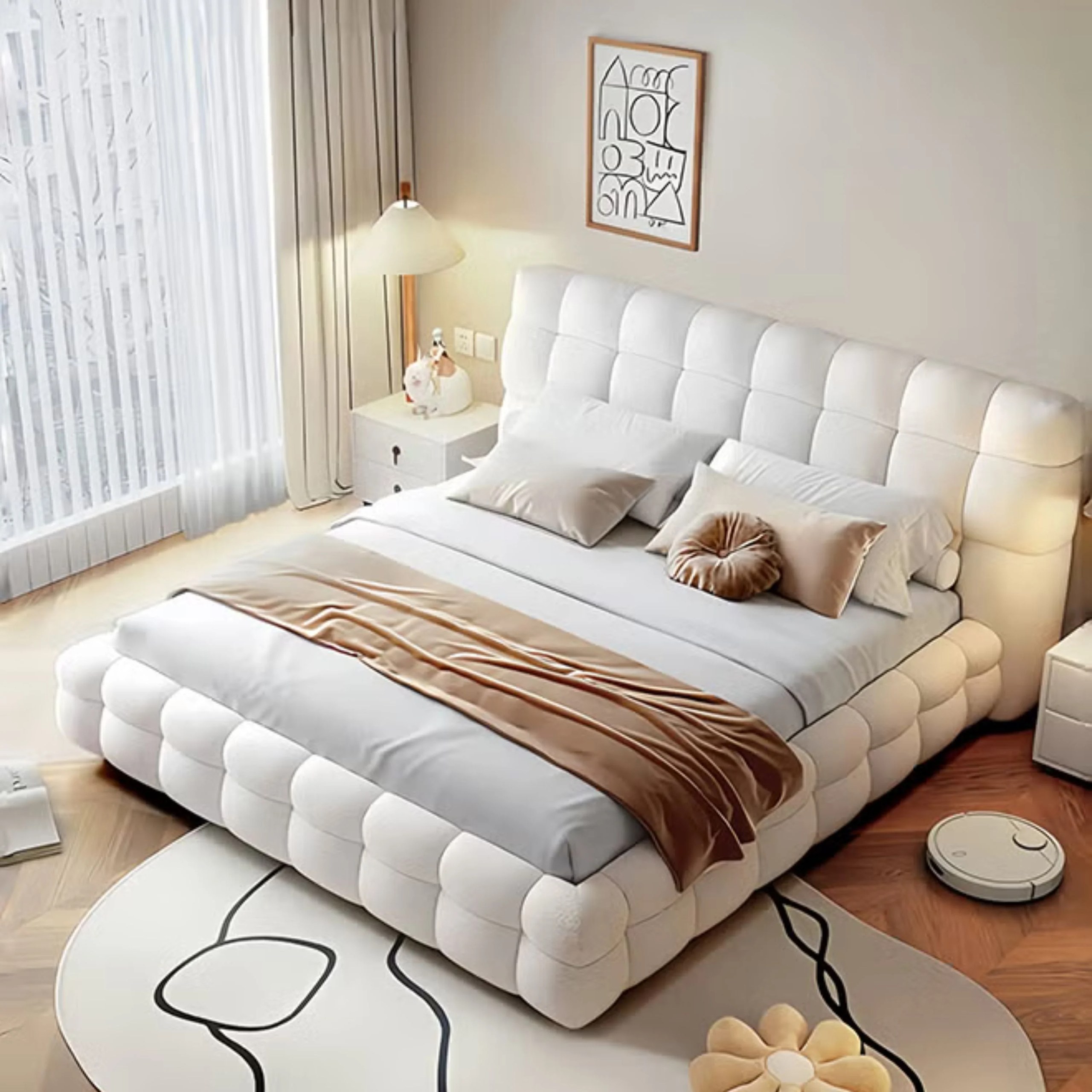 Whisper Tufted Upholstered Premium Upholstered Super King Size Bed (200 X 200 CM) Off White Color