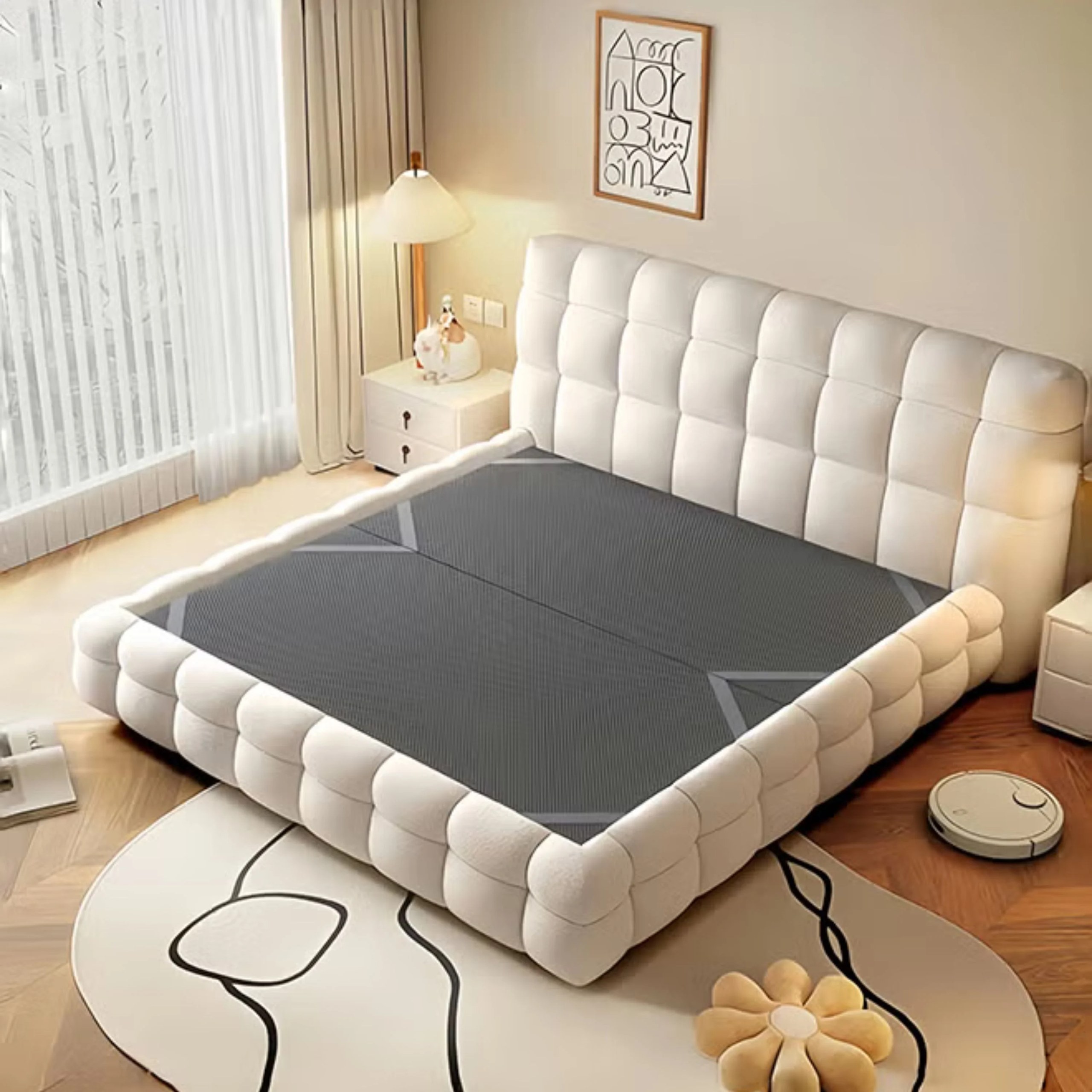 Whisper Tufted Upholstered Premium Upholstered Super King Size Bed (200 X 200 CM) Off White Color - Image 4