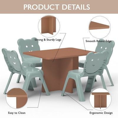 Mahmayi Modern Wooden Child Desk with 4 Plastic Chairs, Sturdy and Safe Learning Space Children Smooth Round Edge Safe Table Ideal for Toddler and Kids - Caramel Nude - Image 5
